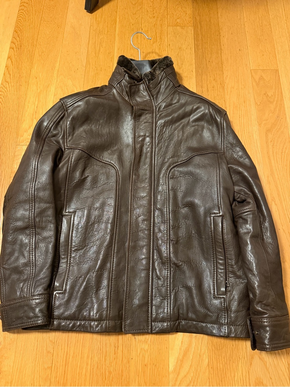 Andrew Marc Chocolate Brown Leather Bomber Jacket with Fur Trim